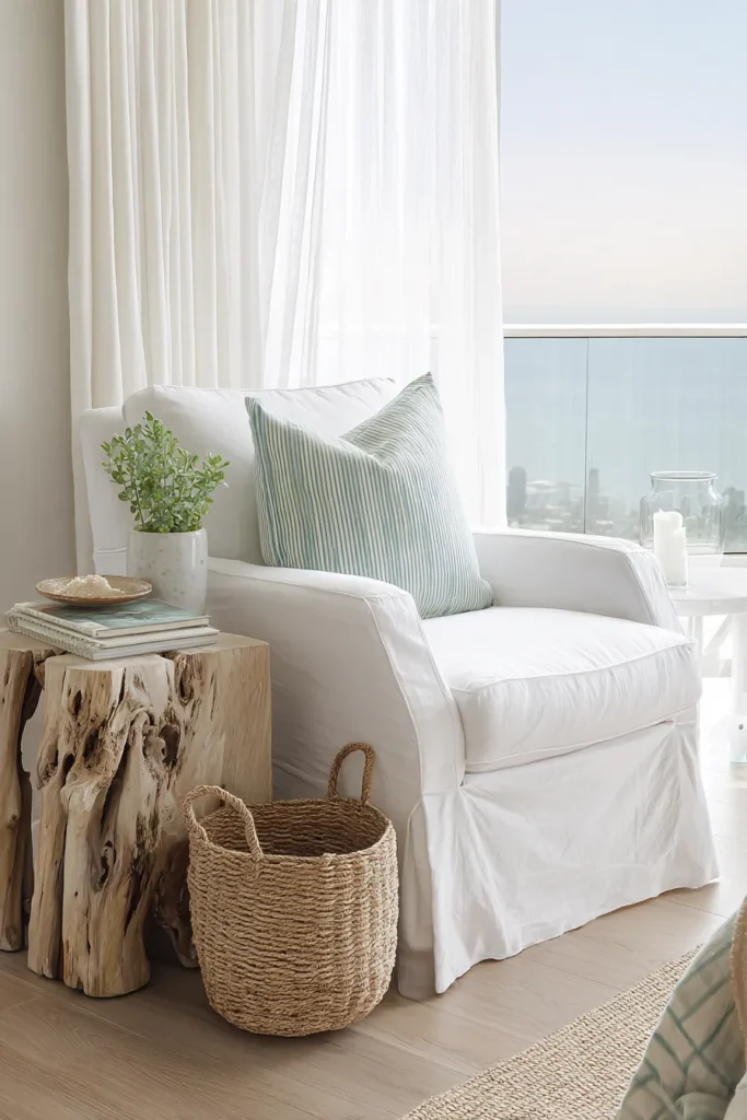 16. Coastal Charm in a Minimalist Reading Nook