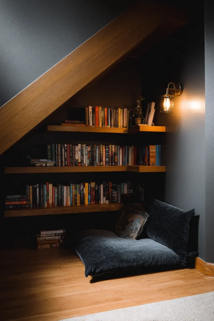 8. Warm Glow Under the Staircase: A Hidden Reading Haven